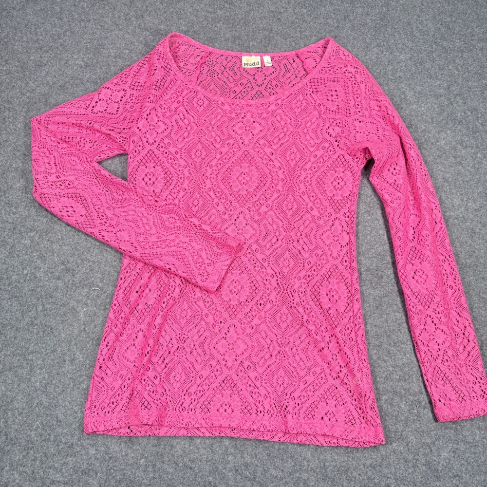 Mudd Womens Pink Crochet Lace Long Sleeve Top Diamond Pattern Size Large Y2k